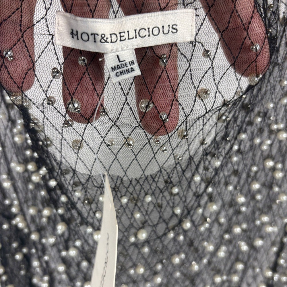 Hot & Delicious Black Mesh Pearl Rhinestone Tank Top HGT1057 Large NWT - Picture 3 of 10